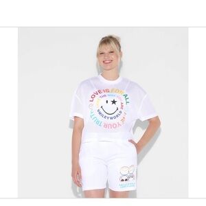 Pride Adult Smiley World Mesh 'Rainbow Graphic' Short Sleeve Cropped Top